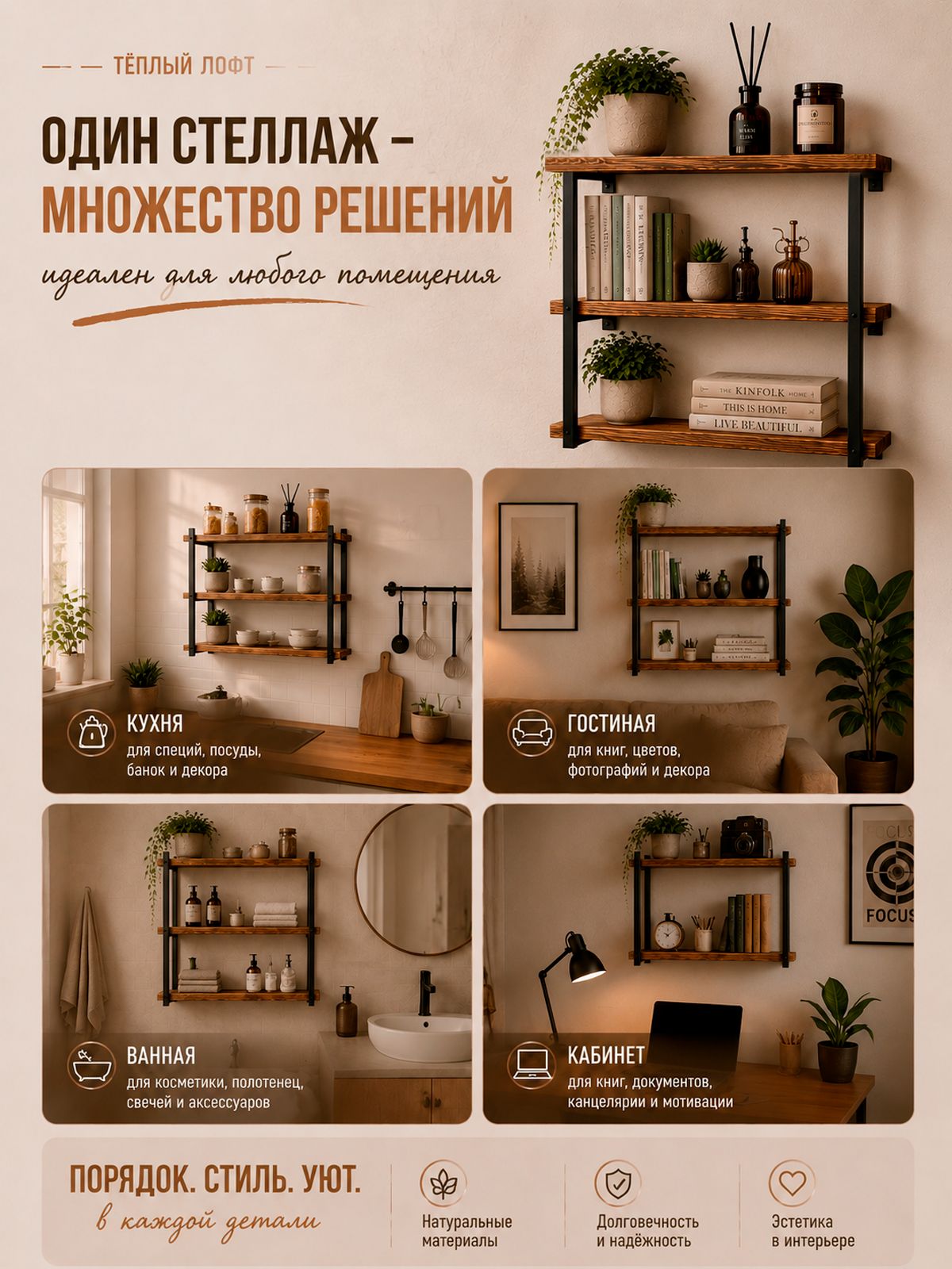 Стеллаж настенный деревянный 60 25 50 см из массива сосны, полка лофт для кухни, ванной, гостиной и кабинета