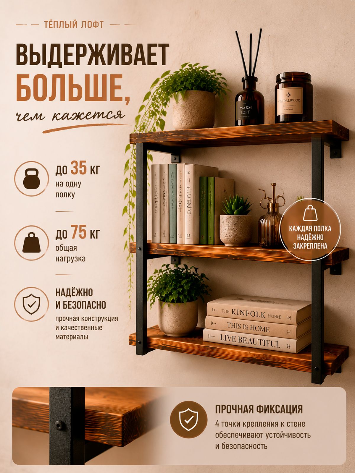 Стеллаж настенный деревянный 60 25 50 см из массива сосны, полка лофт для кухни, ванной, гостиной и кабинета