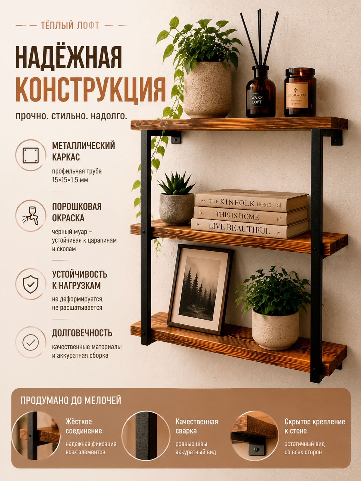 Стеллаж настенный деревянный 60 25 50 см из массива сосны, полка лофт для кухни, ванной, гостиной и кабинета