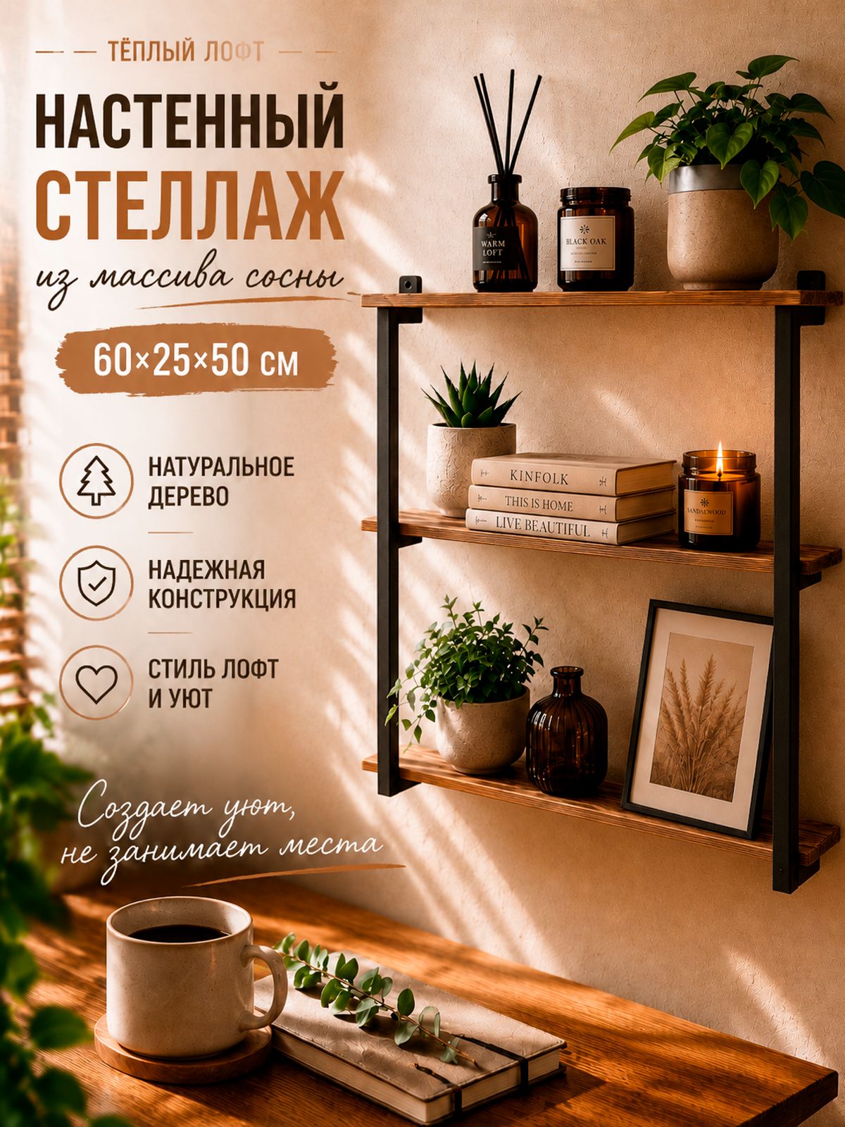 Стеллаж настенный деревянный 60 25 50 см из массива сосны, полка лофт для кухни, ванной, гостиной и кабинета