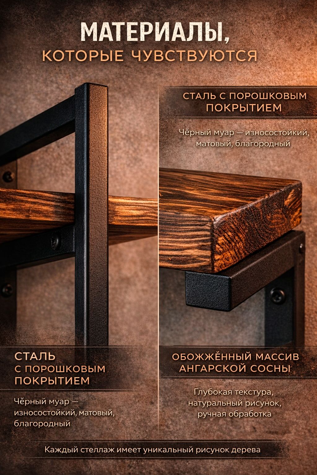 Настенный стеллаж LOFT 120*80 см, 3 полки, металл + обожжённый массив, ручная работа