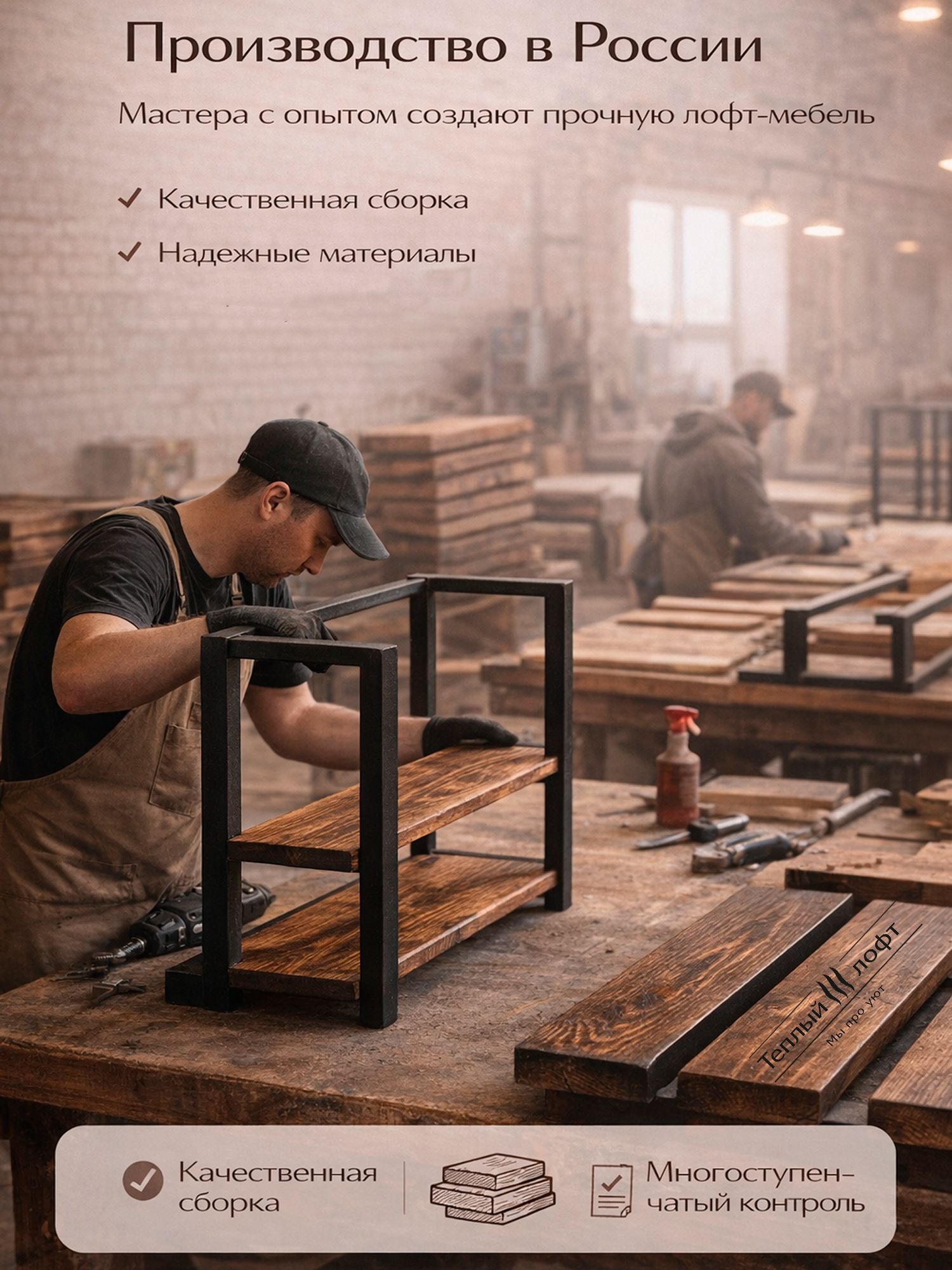 Стеллаж Настенный Теплый лофт 180х30х180