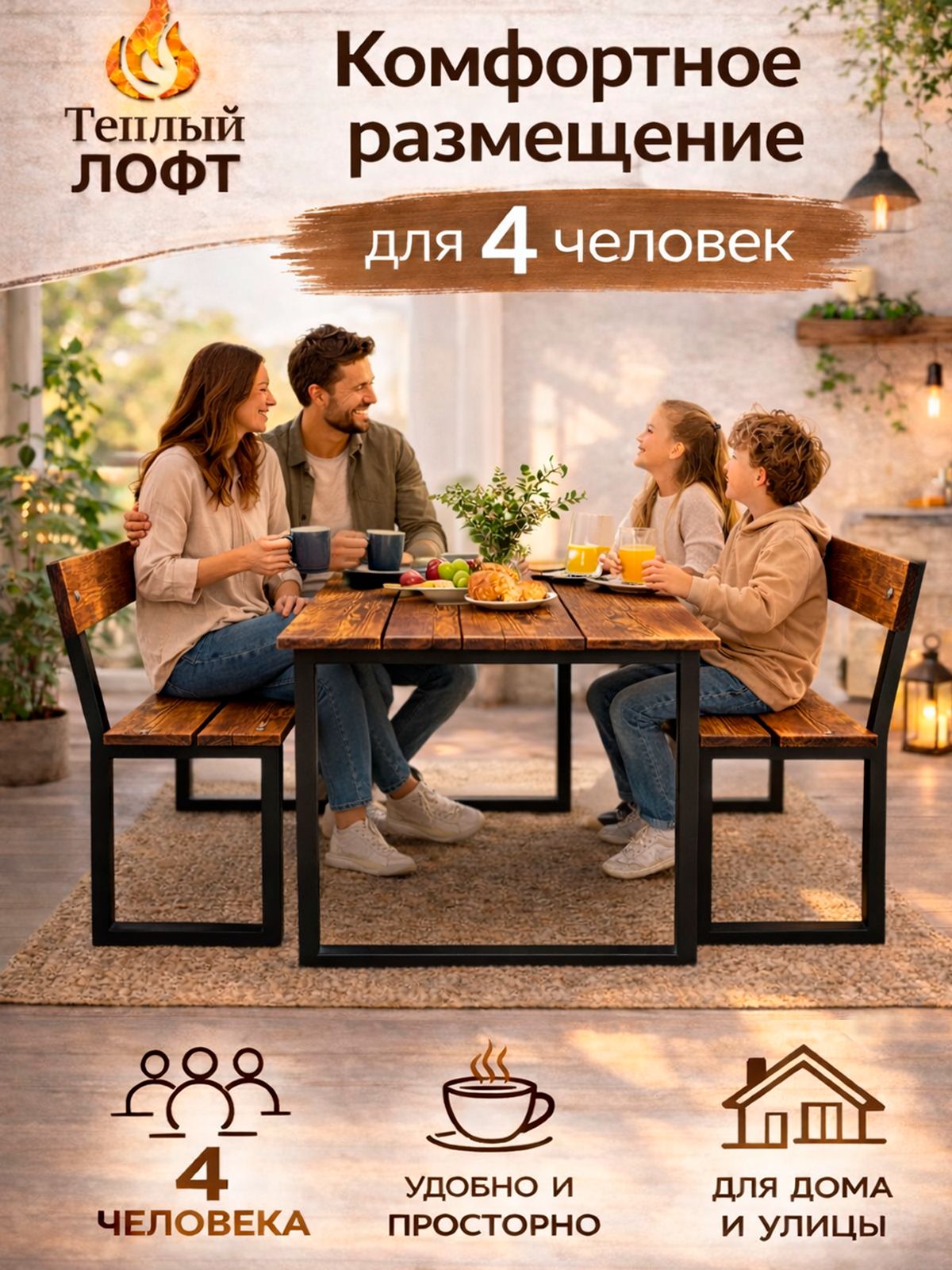 Комплект уличной мебели LOFT стол и 2 лавки 100 60 см, лиственница обожжённая, металлический каркас, черный муар