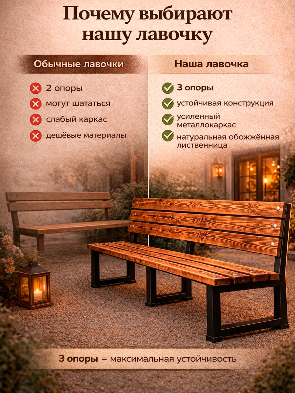 Скамейка со спинкой 180 см, из натуральной обожжённой лиственницы, для дачи, террасы, бани, сада, LOFT