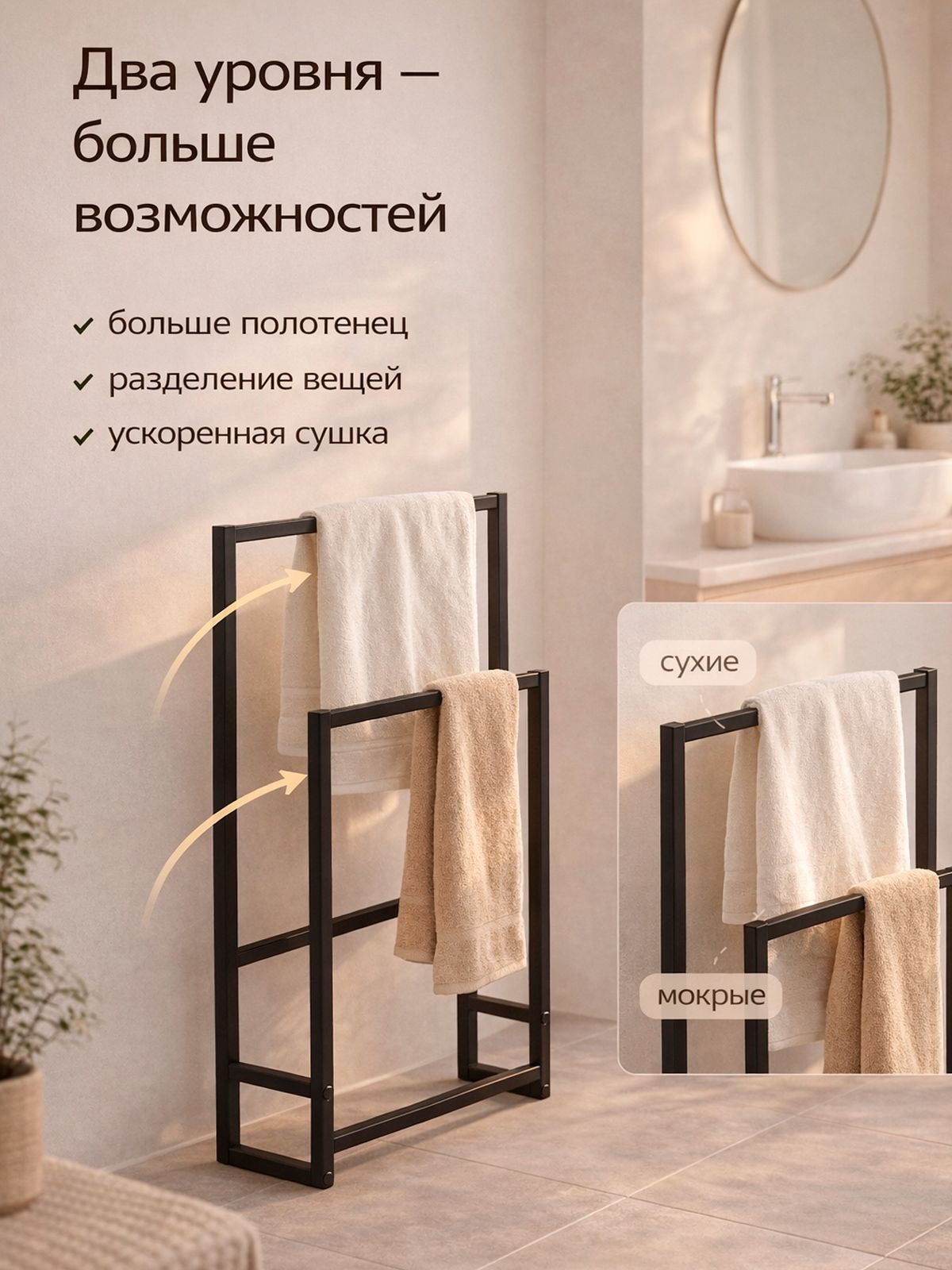 Полотенцесушитель напольный металлический 110 см, стойка для полотенец в ванную